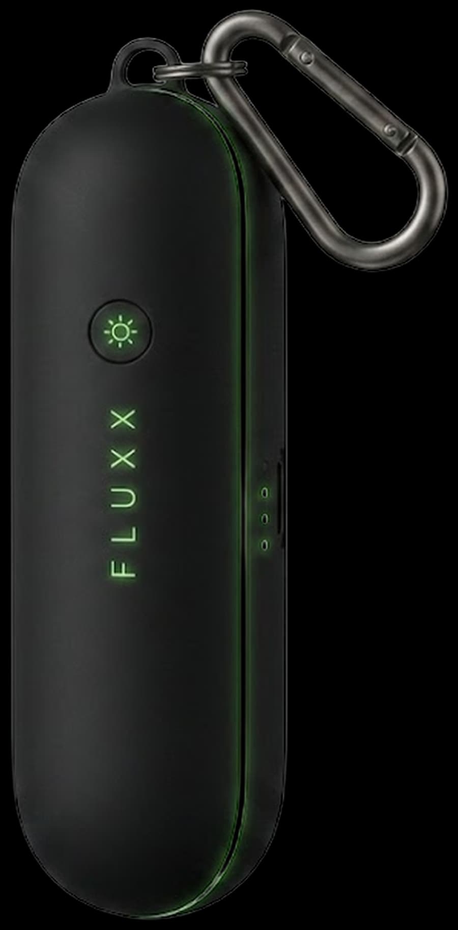 FluxxGolf charging case with glowing green branding and carabiner clip